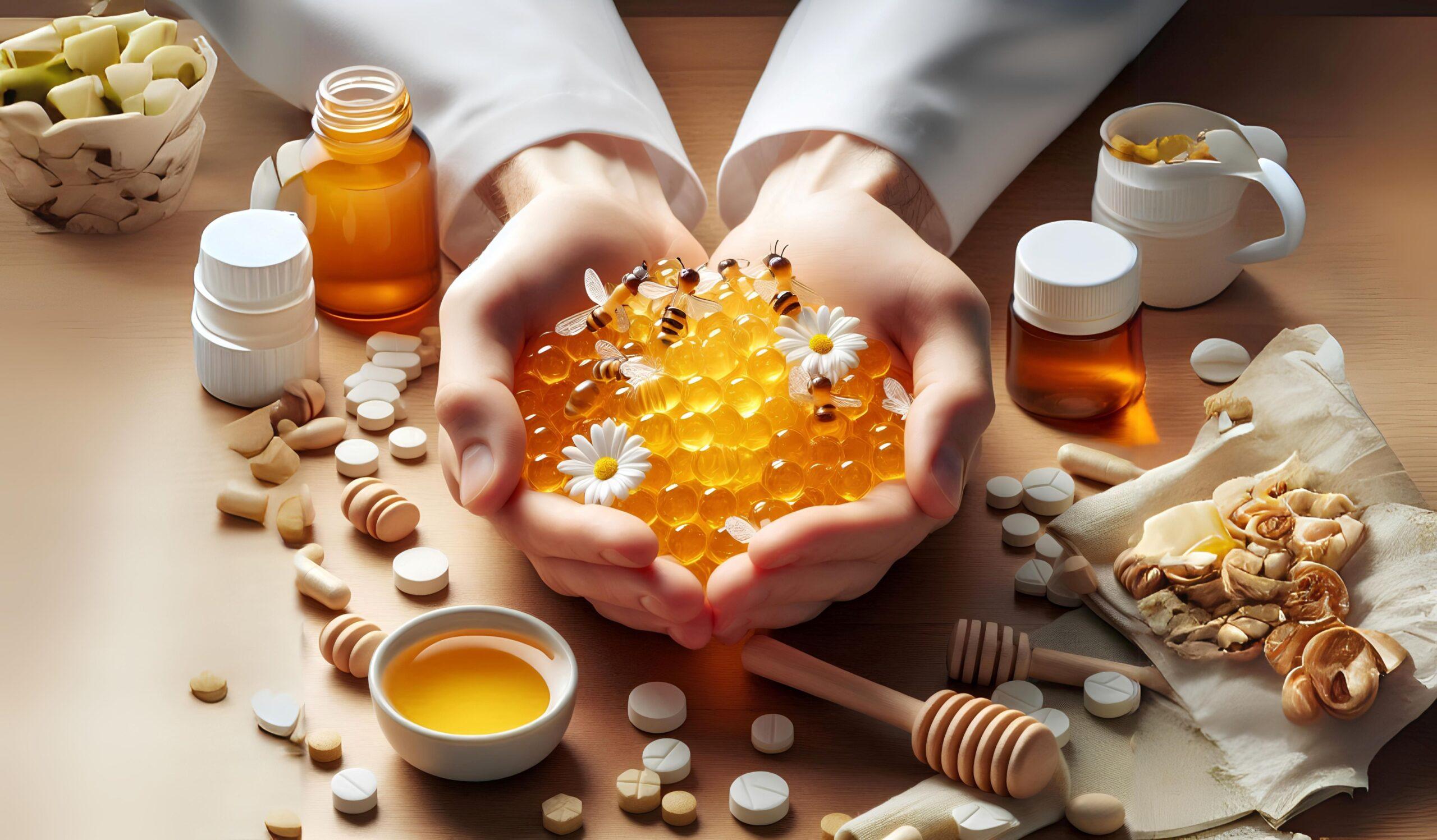Zwei Hände halten eine Wabe mit Honig und Bienen, umgeben von Tabletten, Honigprodukten und natürlichen Zutaten auf einem Holztisch