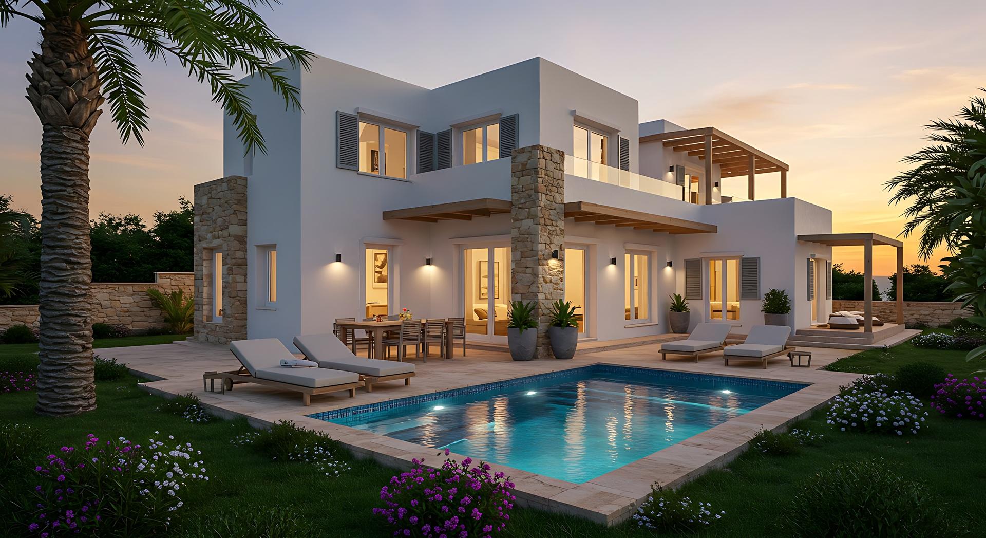 Moderne Ferienvilla mit Pool bei Sonnenuntergang | Randm Tornado